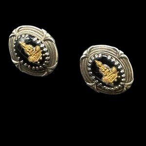 Vintage Earrings Screwbacks Royal Crest Silver Tone & Black Goddess Meditation